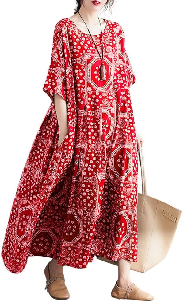 Abito Donna Boho In Cotone E Lino - Maxi Vestito Lungo Con Scollo A V E Tasche - Stile Retr&ograve; E Comodo
