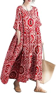 Women Loose Cotton Rayon Dress Mixed Print Boho House Dress with Pockets (One Size, 20)