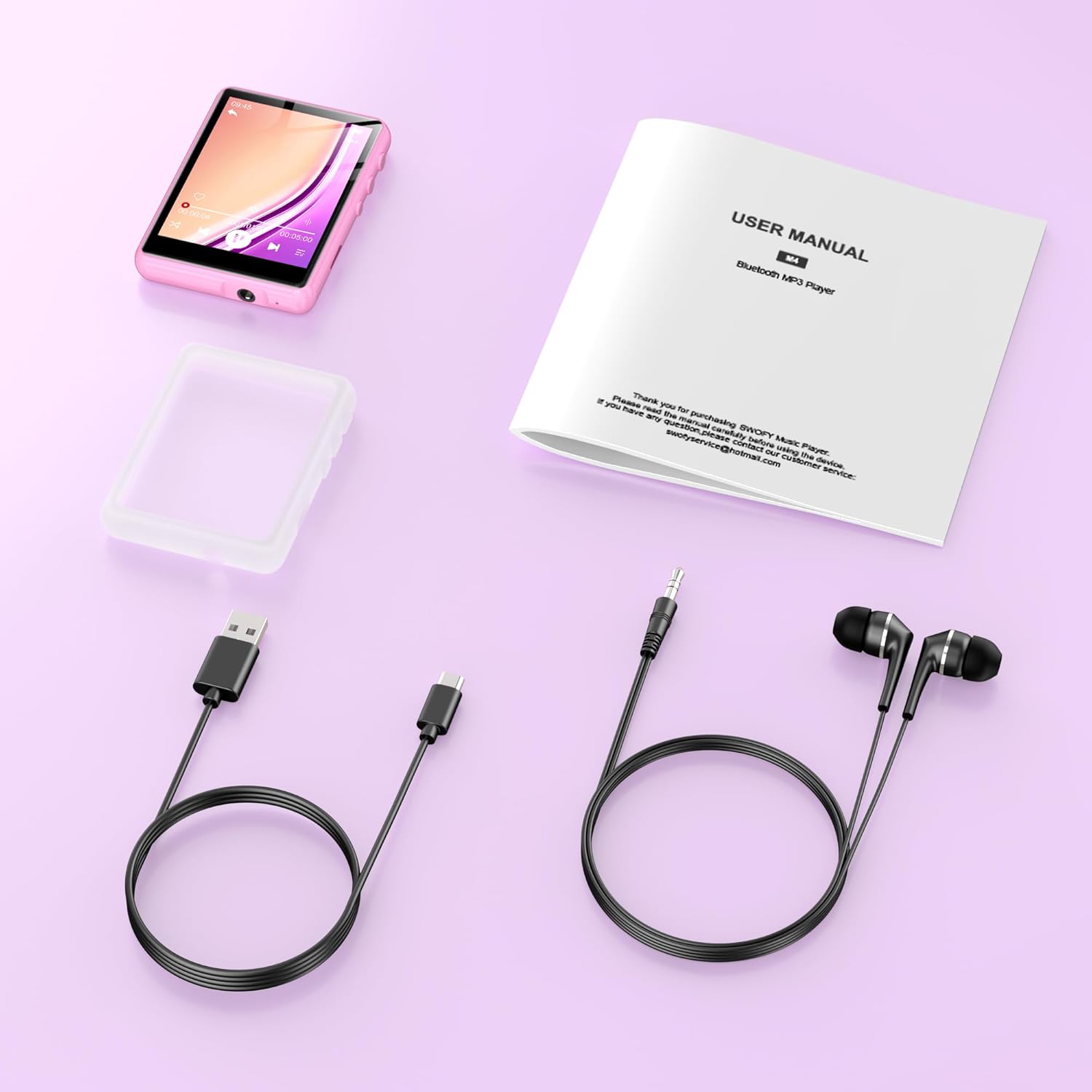 Contents of the SWOFY MP3 Player package including the player, cables, earphones, and manual
