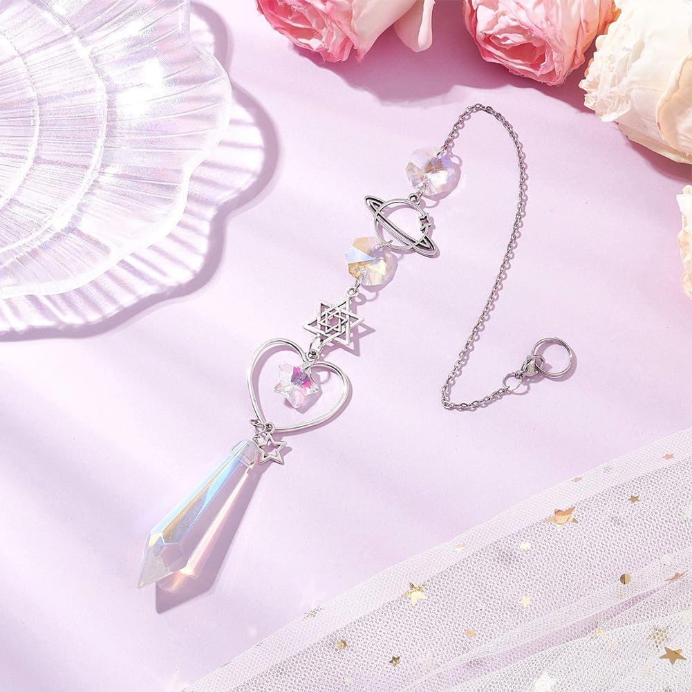 CREATCABIN Crystal Suncatcher Crystal Pendant Rearview Mirror Car Decor Wind Chimes Rainbow David Star Heart Planet Charm Hanging Pendant Ornaments Accessories for Window Balcony Home Garden image 3