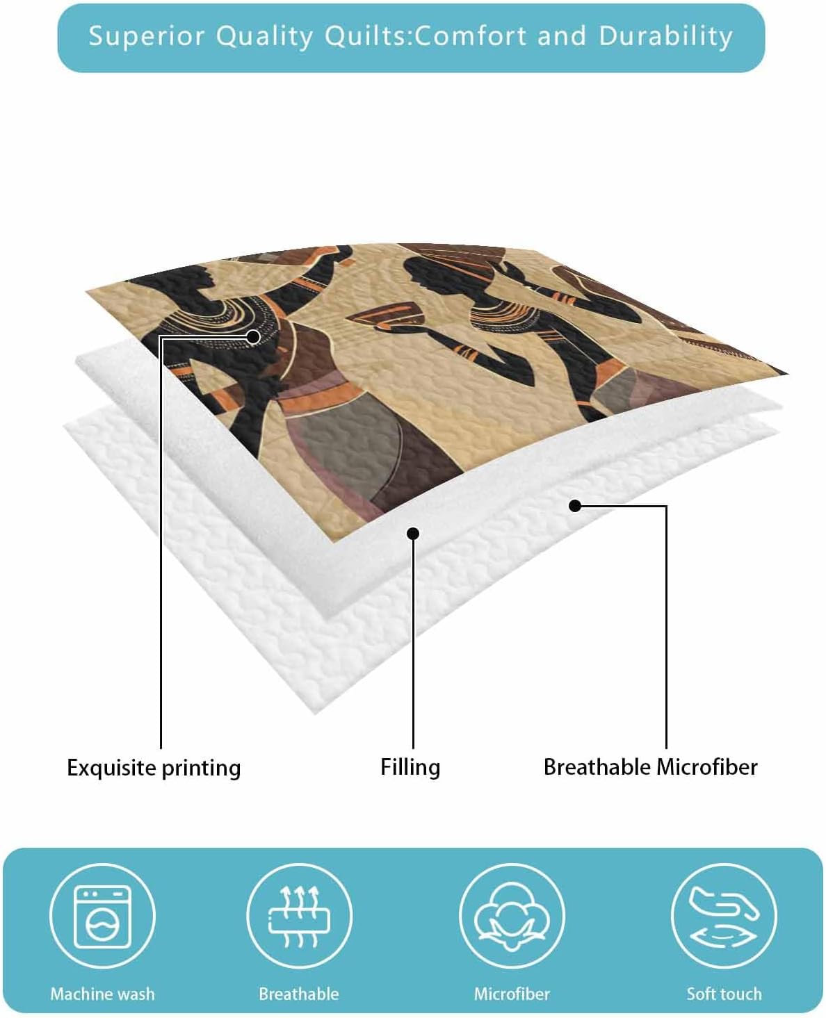 African Women Quilt Full Size, Black Girl Retro Ethnic Ancient Tradition Reversible Quilt Bedding Set with 2 Pillow Shams, Lightweight Soft Bedspread Coverlet Comforter Set for Bed Couch 78"x90"