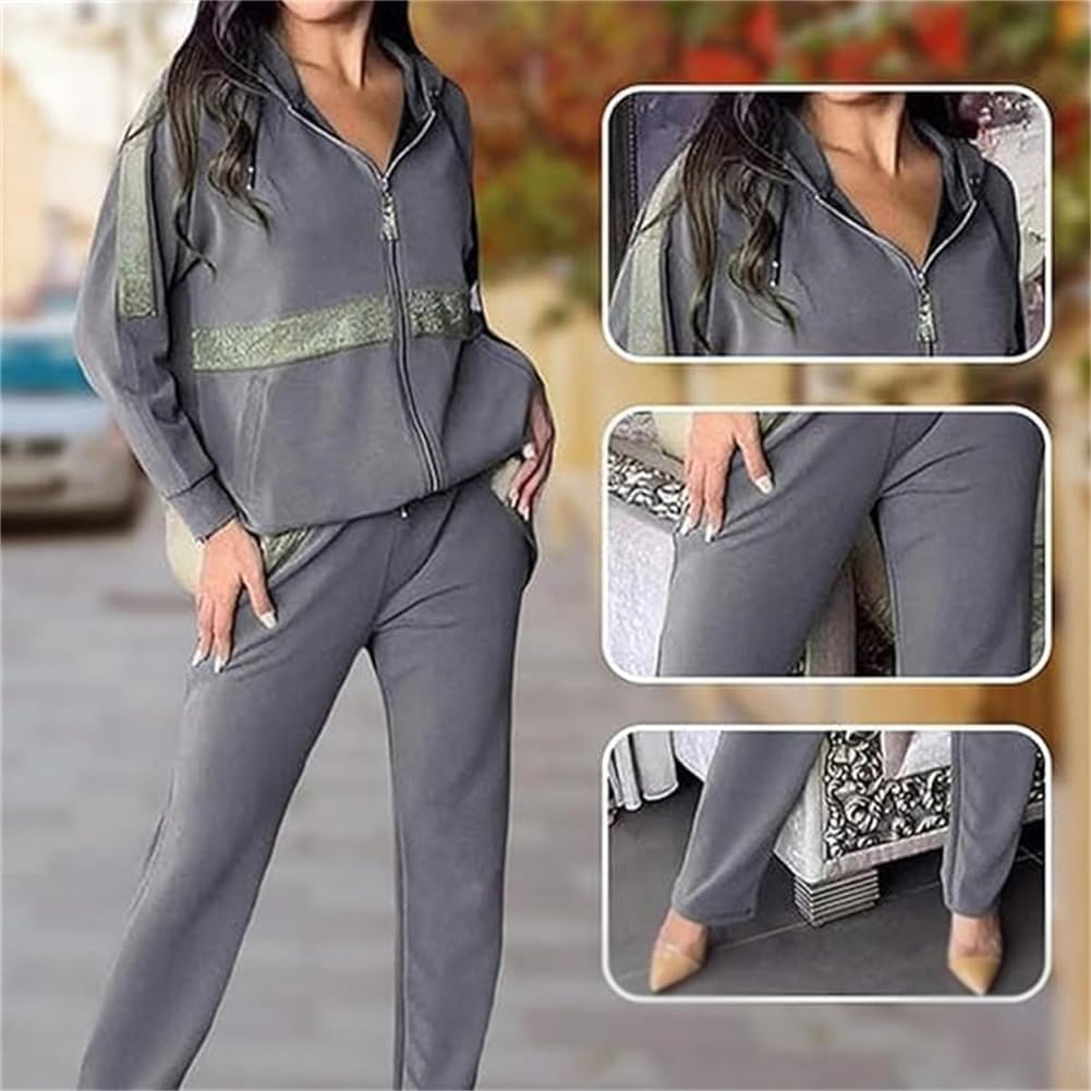 Damski cekinowy zdobiony jednolity kolor na co dzień 2-częściowy zestaw, bluza z kapturem zapinana na zamek bluza z kapturem joggery spodnie dresowe zestawy (czarny, 3XL), Czarny, 3XL