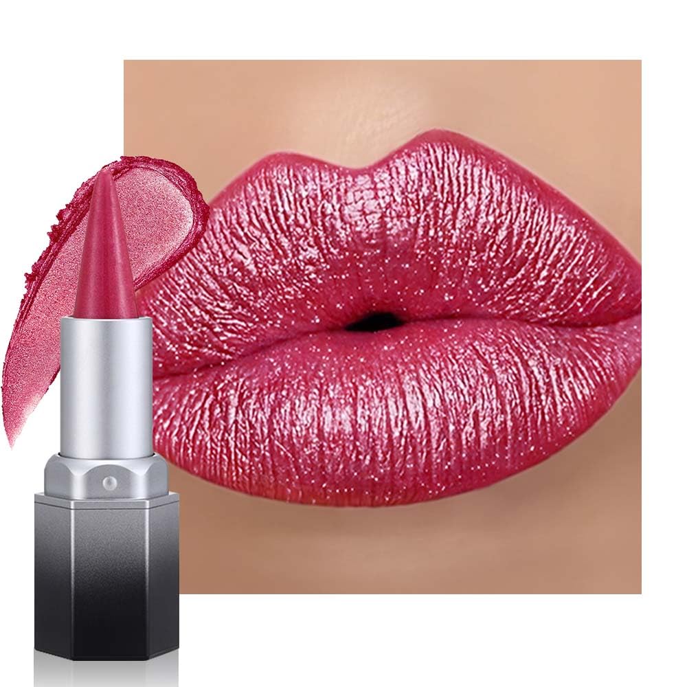 FeiCuiYun Rose Red Metallic Lipstick & Lip Liner Combo For Women with Metallic 3D Shine Lightweight Hydrating Formula, Cone Tip Lip Crayon Long Lasting Waterproof, Hydrating Lipstick Makeup