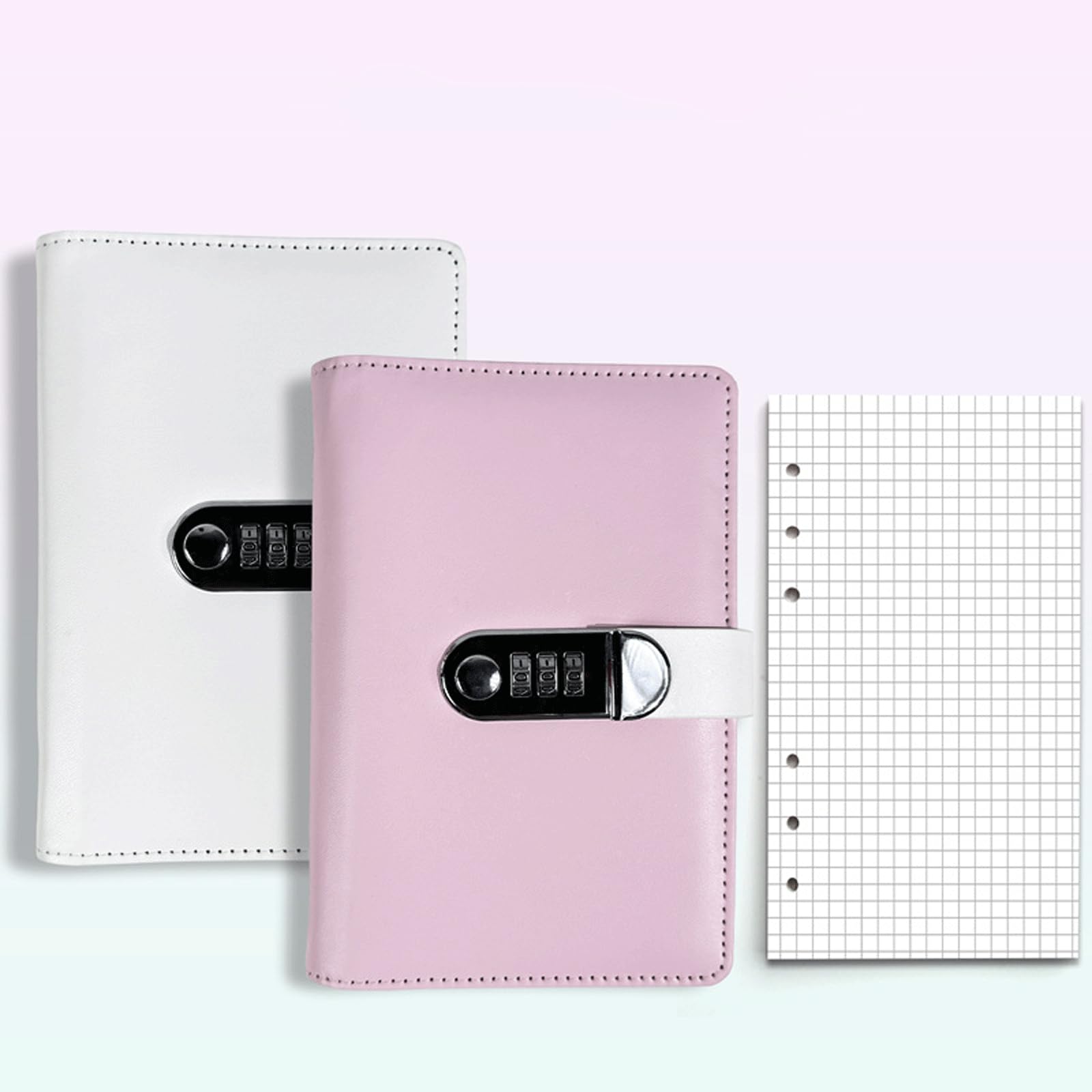 Carnet de notes créatif A6 avec mot de passe et cadenas, journal intime en cuir, carnet à feuilles mobiles, carnet de voyage, collection de timbres, journal intime(White1+Pink1)