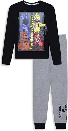 Five Nights at Freddy s Boys Pyjamas - Official FNAF Long Sleeve Top & Jogger Bottoms Kids PJs Set - Black & Grey Marl Freddy Bonnie Chica Foxy Print - 100% Cotton - Ages 7-12 Years