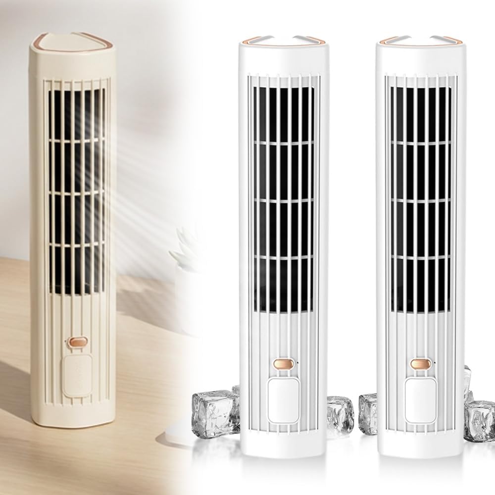 Bladeless Tower Fan for Desktop, Standing Fan Sherum Cooling Ace Portable Air conditioner, 3 Speed Settings, 3 Modes, 6-Hour Timer, Fan that Blows Cold Air, USB Charging Air Conditioner (2pcs white)