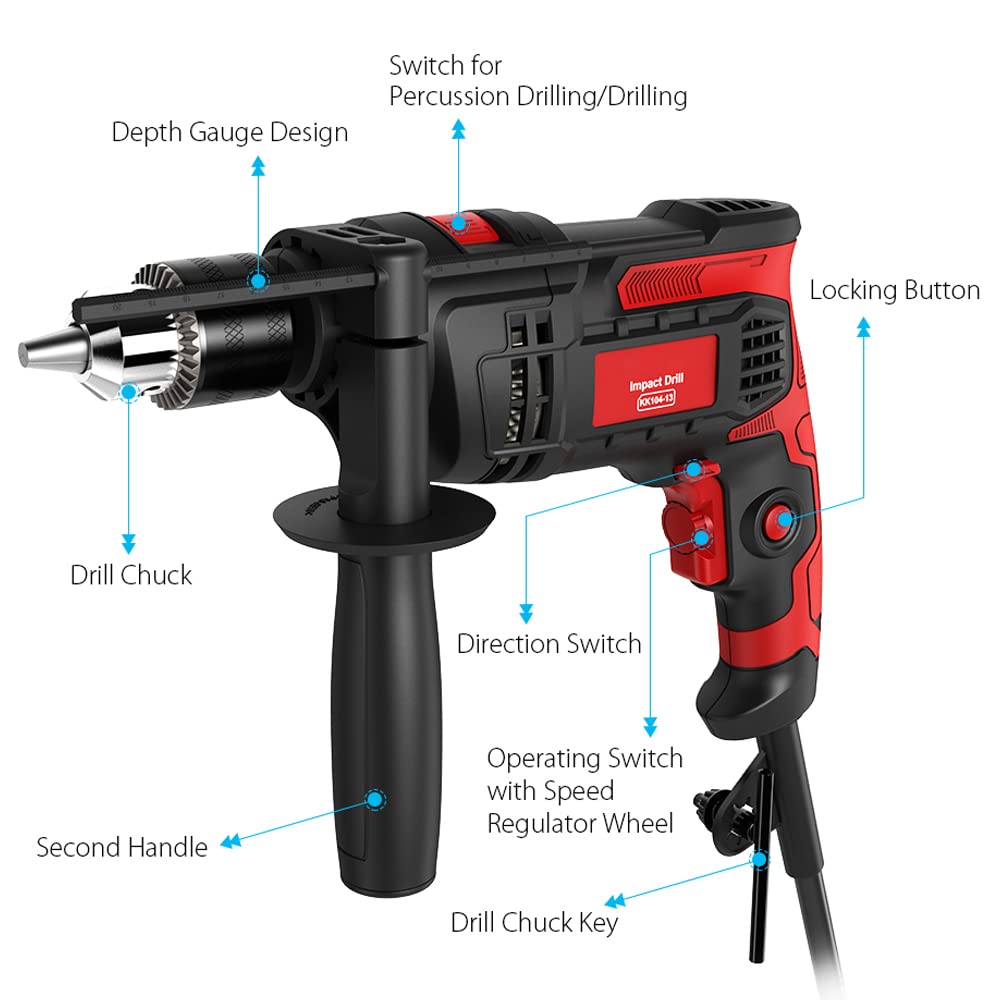 HUNYA Hammer Drill Impact Drill 850W 3000 RPM Hand Electric Drill with 360 Rotating Handle Hammer and Drill 2 Mode in 1 with Depth for Drilling Steel Masonry Concrete Wood (US Plug)