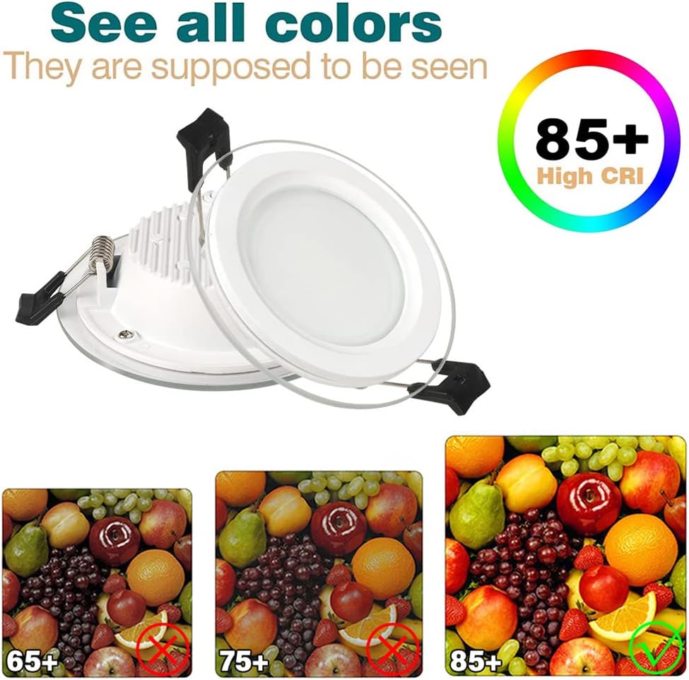 LED Recessed Downlights,Round Glass Light Guide Plate LED Recessed Spotlight,6W 9W 12W 18W Recessed Ceiling Light,Extra Slim 45mm Depth,Transformer Included,Pack ×10