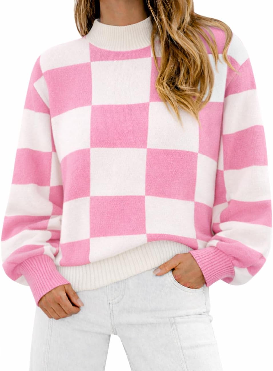 ATHMILE Womens Fashion Turtleneck Sweater Long Sleeve Plaid Ribbed Knit Loose Pullover Tops Trendy Office Outfits
