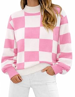 ATHMILE Womens Fashion Turtleneck Sweater Long Sleeve Plaid Ribbed Knit Loose Pullover Tops Trendy Office Outfits