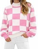 ATHMILE Womens Fashion Turtleneck Sweater Long Sleeve Plaid Ribbed Knit Loose Pullover Tops Trendy Office Outfits