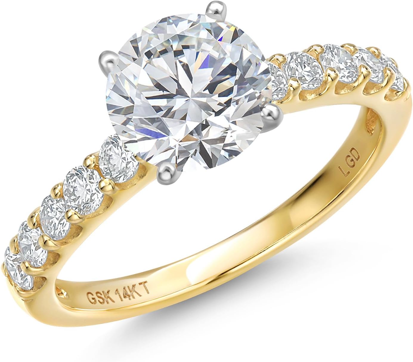 Gem Stone King 14K Two Tone Gold Gemstone Birthstone and White Lab Grown Diamond Engagement Ring For Women | Round 6MM and 2MM | Wedding Anniversary Promise Ring | Available in Size 5,6,7,8,9