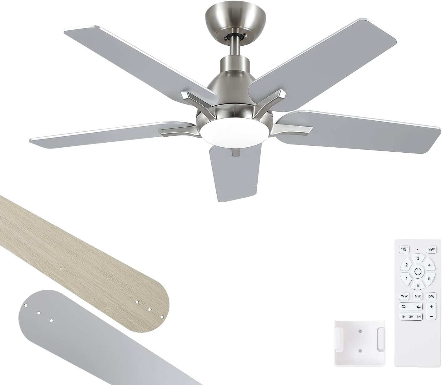 putroad 42 Inch Brushed Nickel Ceiling Fan with Lights & Remote - Quiet DC Motor, 6 Speeds, 3CCT Dimmable, Reversible for Bedroom, Living Room, Patio