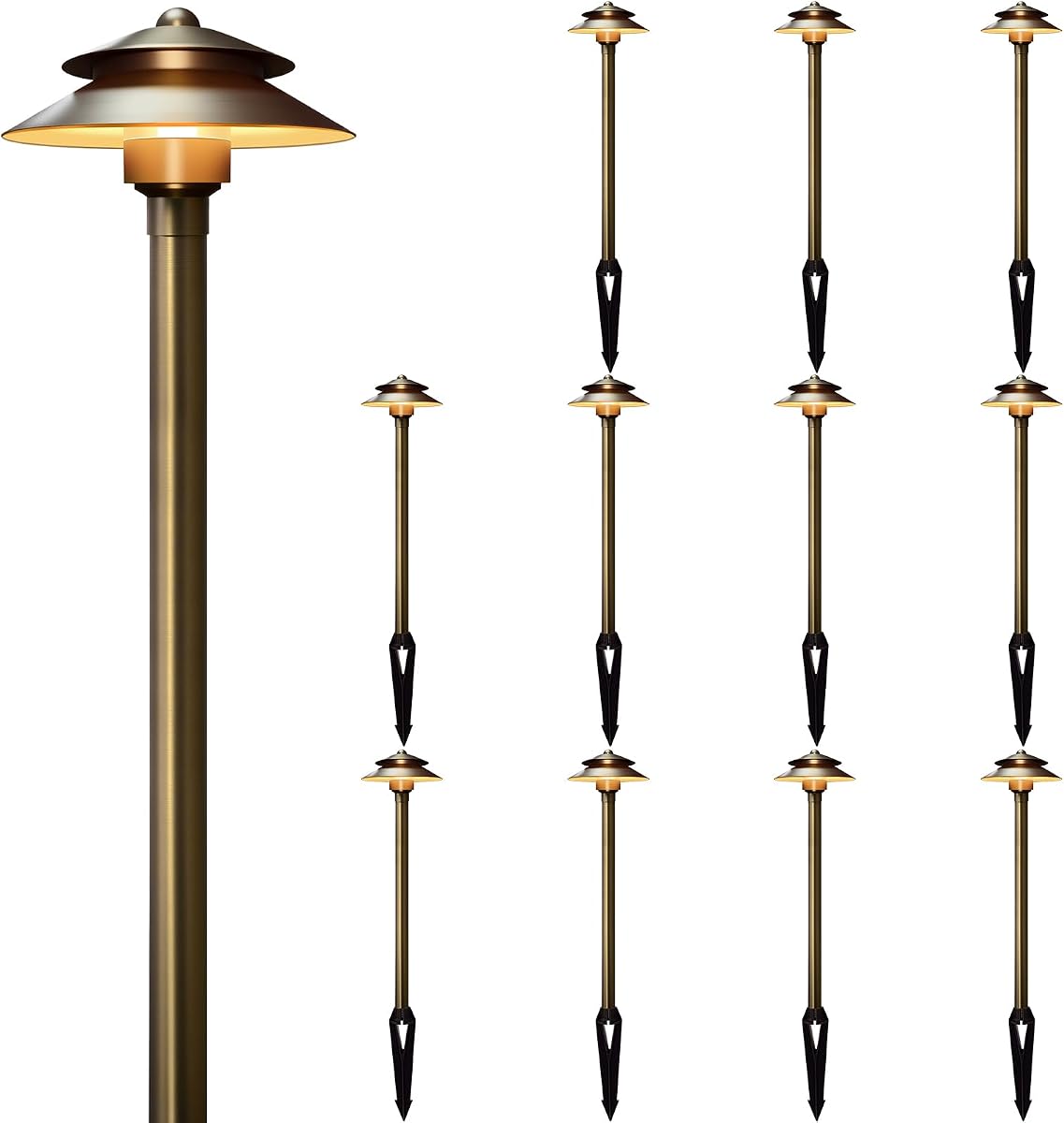 Solid Brass Low Voltage Landscape Pathway Lights (6'' Shade, 19'' Tall), 12V LED Heavy Duty Path Lighting Outdoor Wired, Waterproof Antique Bronze Walkway Light Without G4 Bulb,12 Pack