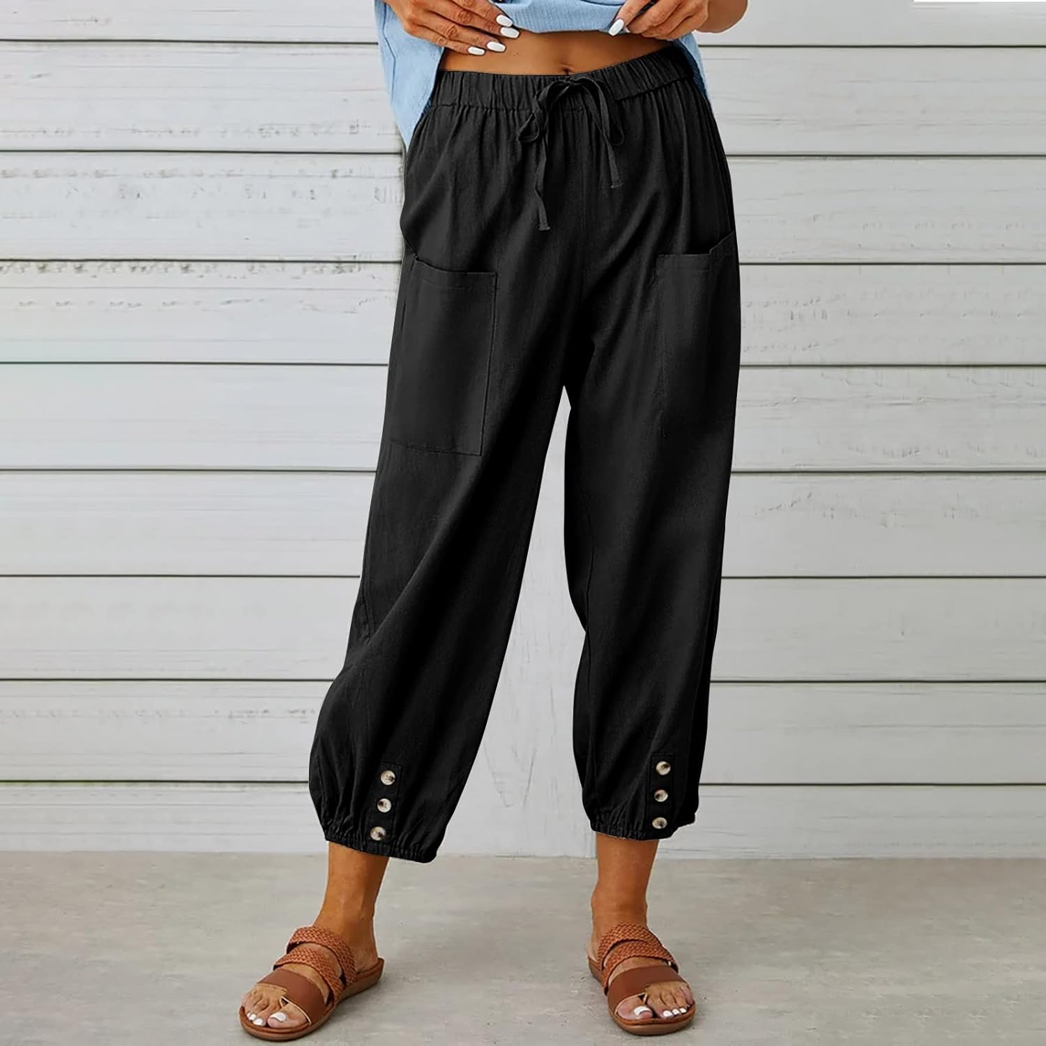 Women's Capri Pants High Waist Drawstring Cinch Bottom with Button Cotton Loose Casual Trouser with Pockets - Image 2