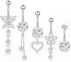 SANNIDHI® Belly Button Rings for Women Heart Flower Butterfly Stainless Steel Dangle Belly Ring Dangling Piercing Jewelry