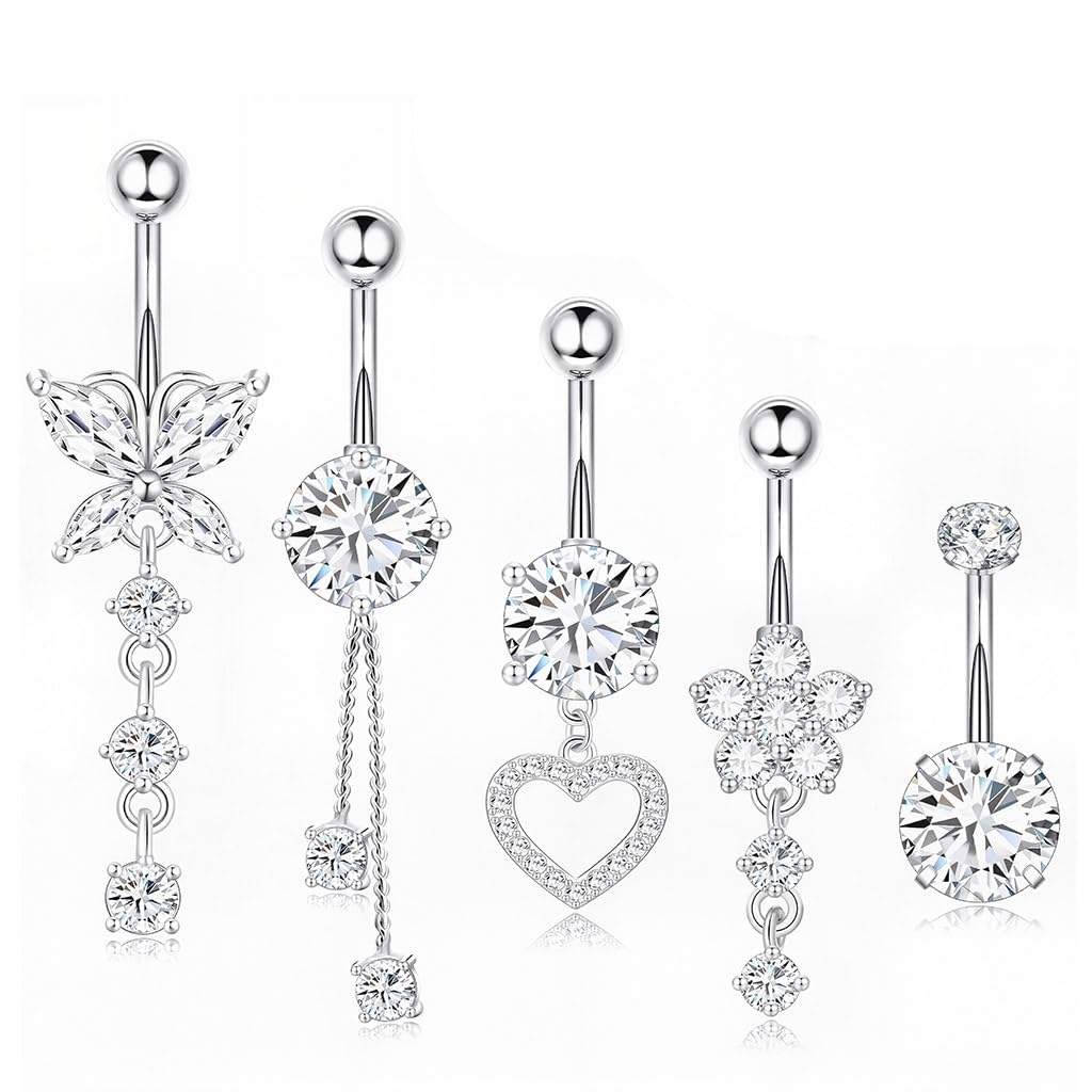 SANNIDHI Belly Button Rings Stainless Steel Dangle Heart Flower Butterfly