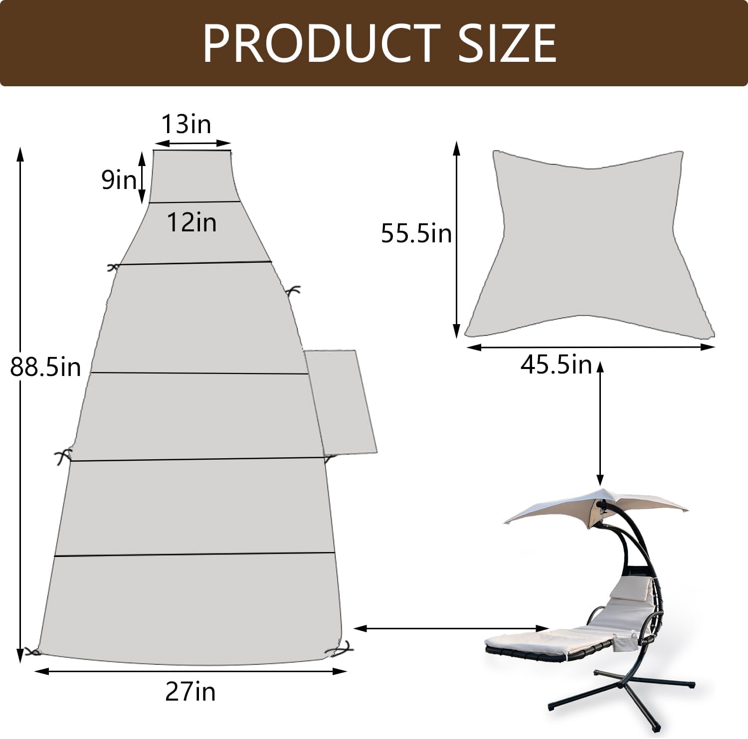 Outdoor Hanging Lounge Chair Replacement Cushion Cover and Umbrella Fabric, Made for Patio Curved Chaise Lounge Swinging Hammock Chair Pads, Waterproof Soft Fabric (Cushion Not Included, Khaki)