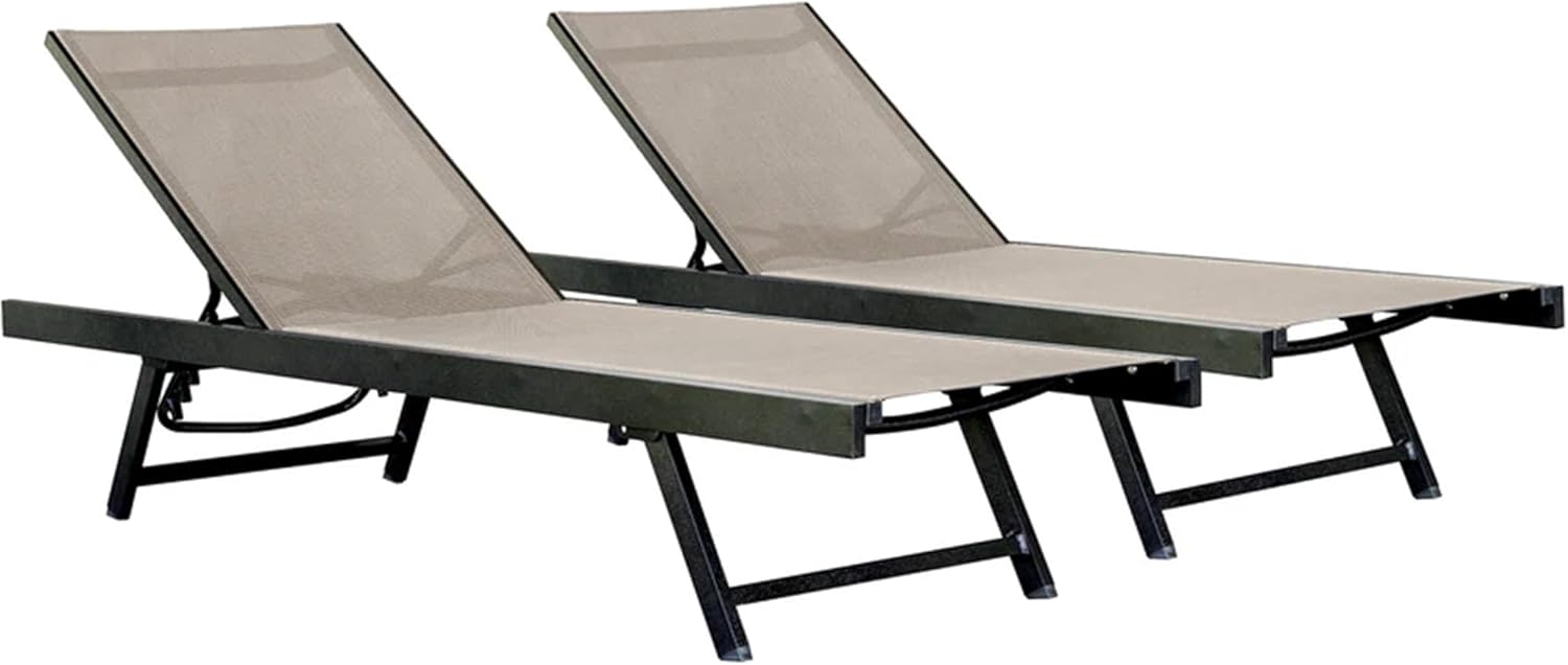 Vivere Set of 2 Aluminum Outdoor Chaise Lounge Chairs, Urban Sun Adjustable Reclining Patio Loungers, Lay Flat Tanning Chairs with Sling Seat, Cocoa