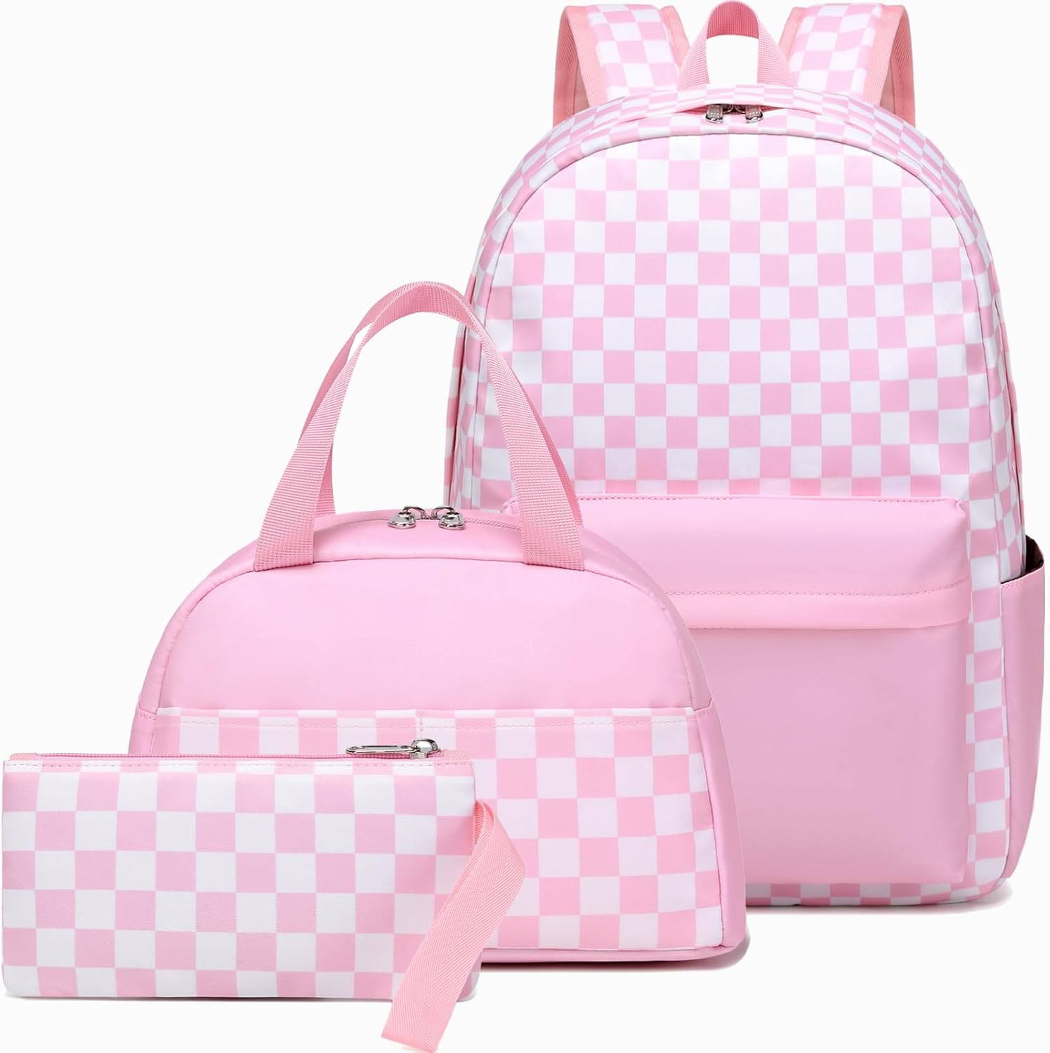 School Backpack for Girls Teens Checkered Bookbag with Lunch Box Set Kids Backpack Elementary Middle School Bag (Checker-Pink)