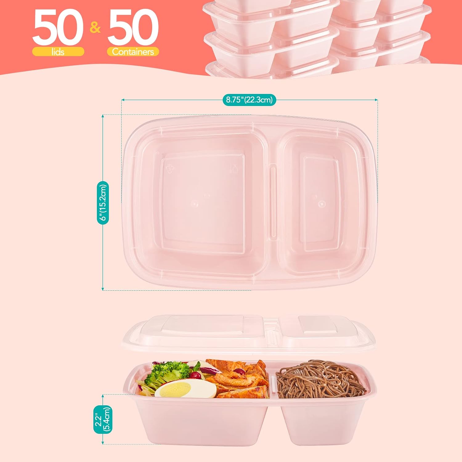 50 Pack Pink Meal Prep Containers 2 Compartments, Glotoch 32OZ to Go Containers for Food, Disposable Plastic Food Containers with Lids for Microwave Dishwasher Freezer Safe image 2