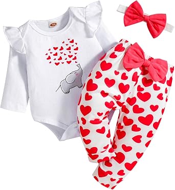Baby Valentines Outfit Girl Newborn Clothes Love Elephant Romper Top + Infant Heart Pants Bow Headband 3pc 0-18 Months