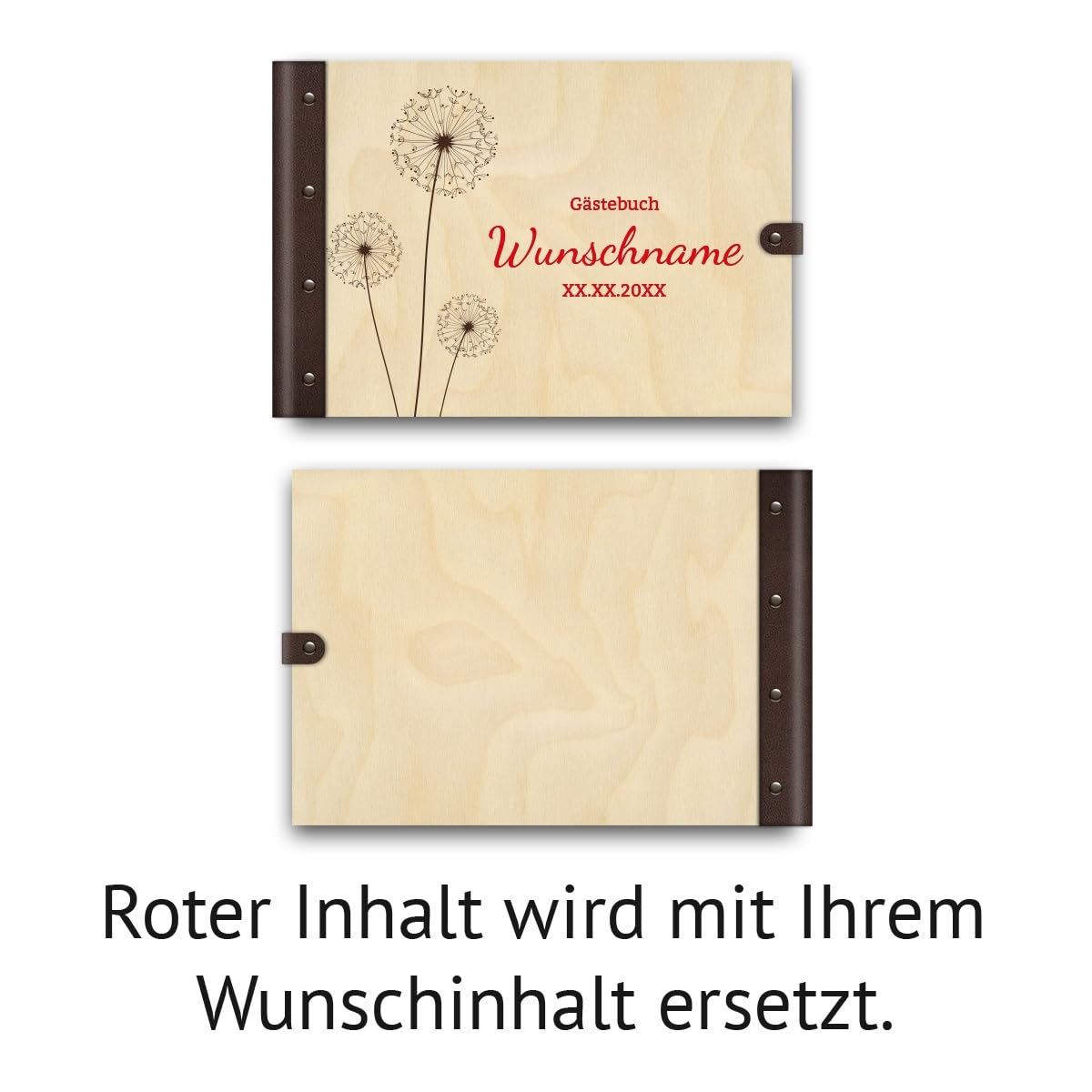 Personalisiertes Gästebuch Taufe Konfirmation Kommunion echtes Holz DIN A4 Kondolenzbuch mit Lasergravur - Pusteblume - mit 72 Blatt / 144 Seiten Naturpapier Weiß