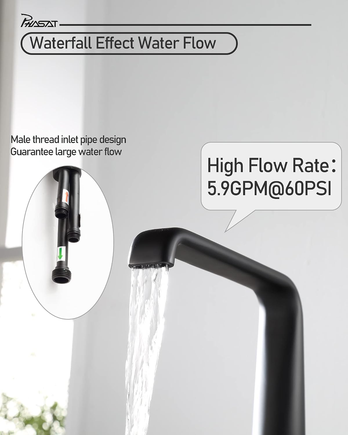 PHASAT Roman Tub Faucet with Handheld Shower,Brass 3-Holes Single-Handle Tub Filler with Sprayer,Waterfall Bathtub Faucet Set,Matte Black,PU5H08