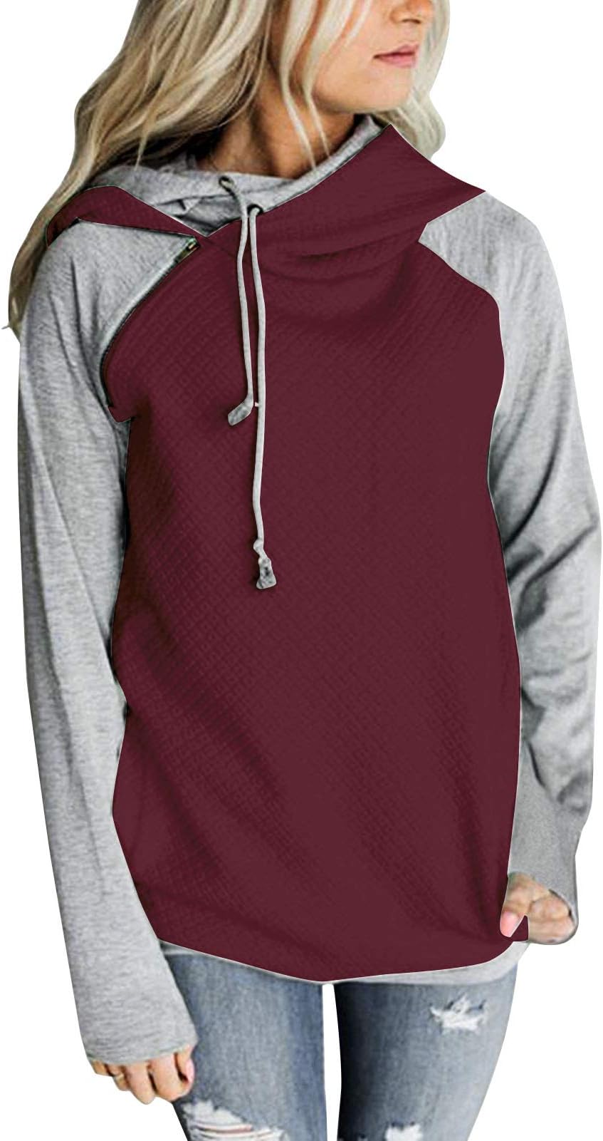Womens Hoodies Long Sleeve Jumper Colorblock High Neck Sweatshirt Pullover Sweater Coat Pocket
