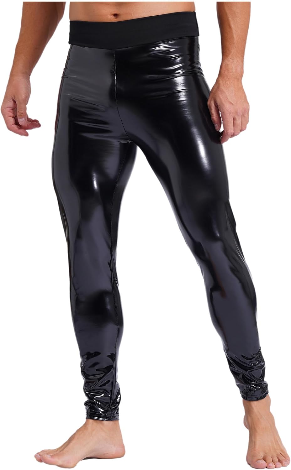 Linjinx Men's Shiny Wet Look Faux Leather Straight Pants Sexy Muscle Tight Leggings Trousers