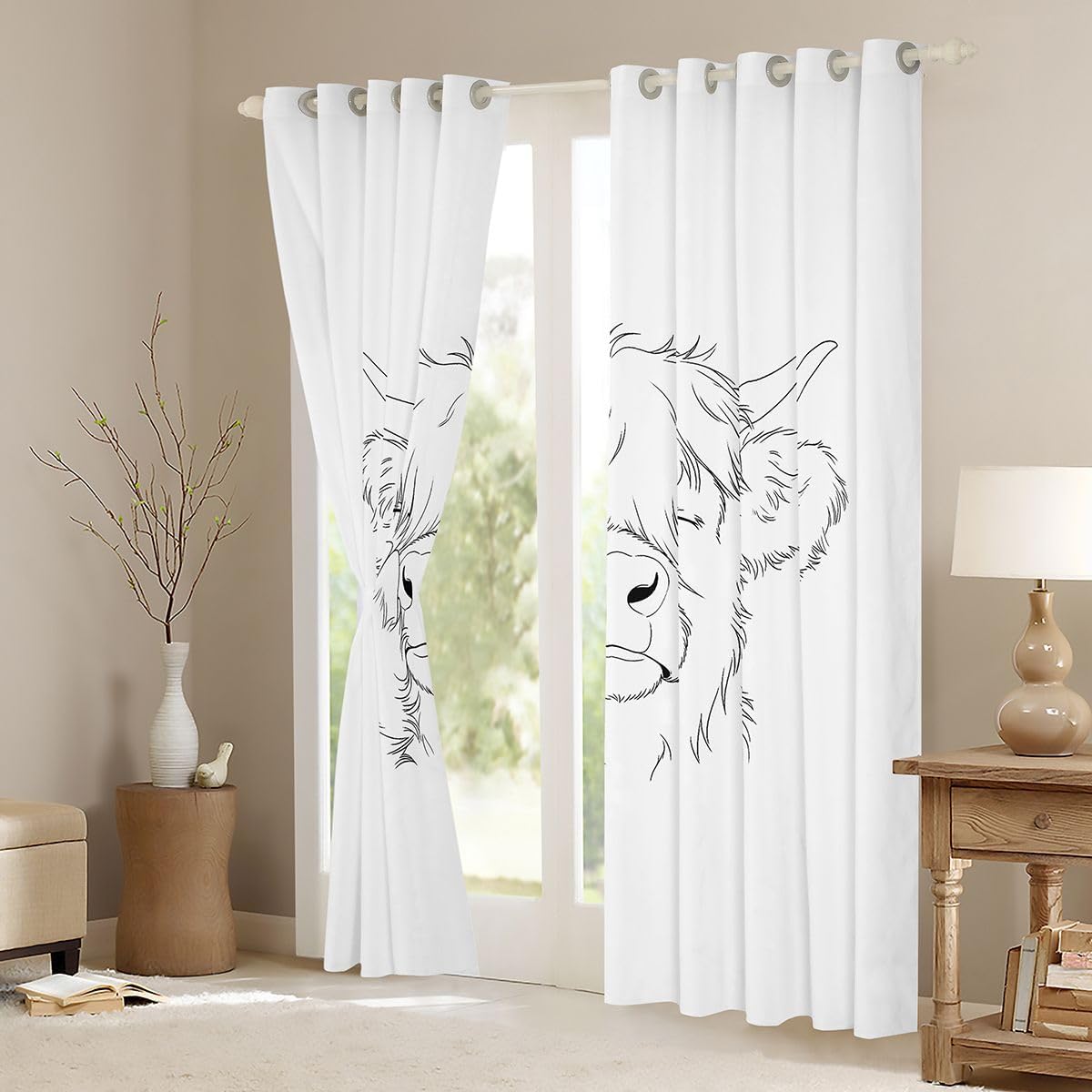 Feelyou Cartoon Highland Cow Curtains for Bedroom Living Room Cute Blackout Darkening Drapes Kawaii Window Treatments, 2 Panels 38 x 45 Inch White Room Decor Funny Animal image 3