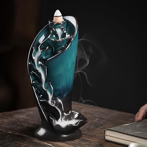 Miniatura 6 de Quemador de incienso de cerámica con diseño de antorcha de cascada con pinzas, 20 conos de incienso y 30 varillas de incienso para decoración del