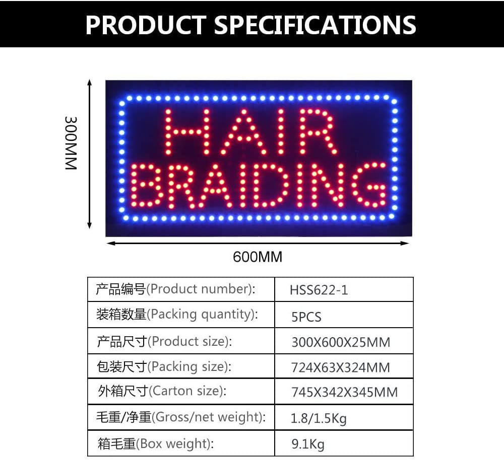 LED Hair Braiding Sign for Business, Super Bright LED Open Sign for Hair Salon, Electric Advertising Display Signboard for Beauty Salon Business Store Window Decor.