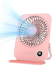ARCTICOOL Small Table Fan with LED Display, 2000mAh Battery Rechargeable Fan with 5 Speeds, 5.8 Inch Mini Desktop Fan with 180° Tilt Folding and Phone Stand for Home and Office (Light Pink)