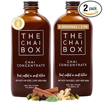 The Chai Box Sweetened Chai Tea Concentrate - Vegan, Gluten Free Chai Concentrate | 16 Ounce Pack of 2 | Hot or Iced Black Tea Concentrate, Small Batch with Whole, Premium Spices