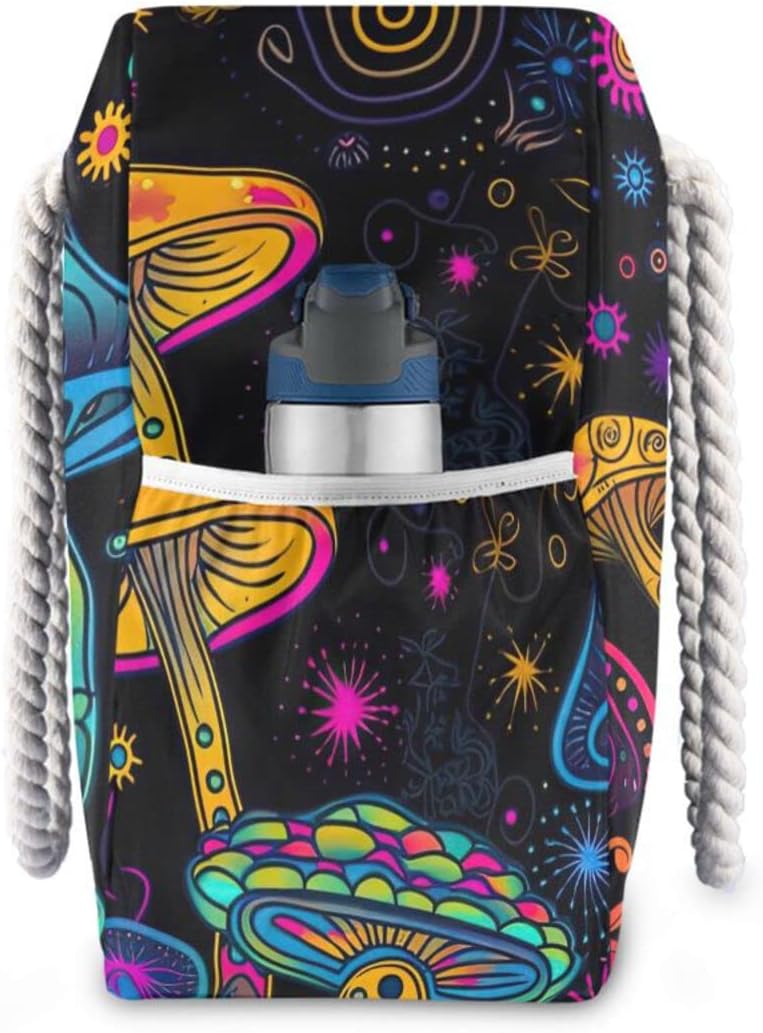 Vnurnrn Colored Cartoon Mushroom Beach Bag Tote for Women Men with Zipper, Large Shoulder Beach Tote Bag with Rope Handles, Travel Tote Bag for Seaside Gym Pool Daily, 20.5 X 7.3 X 15 inch