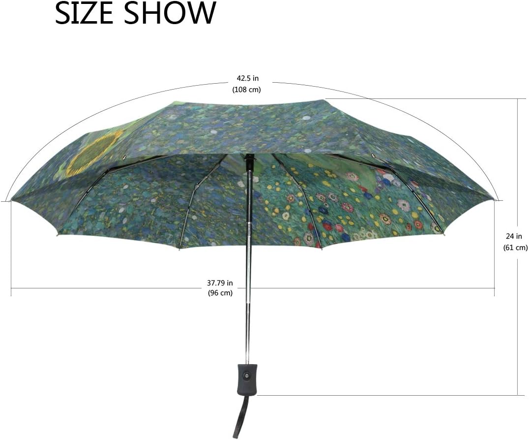 Auto Open Close Umbrella, Gustav Klimt Farm Garden Sunflowers Folding Travel Umbrellas for Rain and Sun