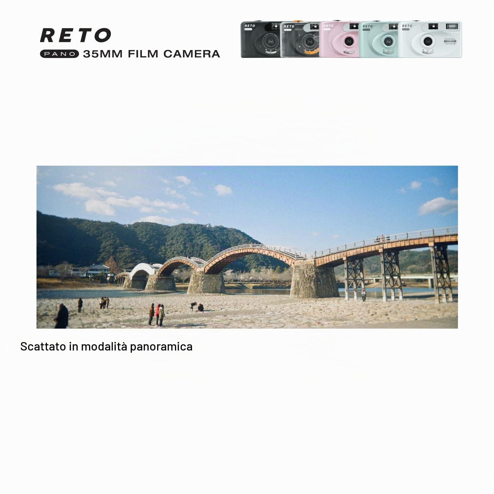 RETO PANO - Fotocamera a pellicola da 35 mm, obiettivo largo 22 mm, panorama, facile commutazione, modalità cinematografica, copriobiettivo, flash integrato, riutilizzabile (pellicola e batteria AAA