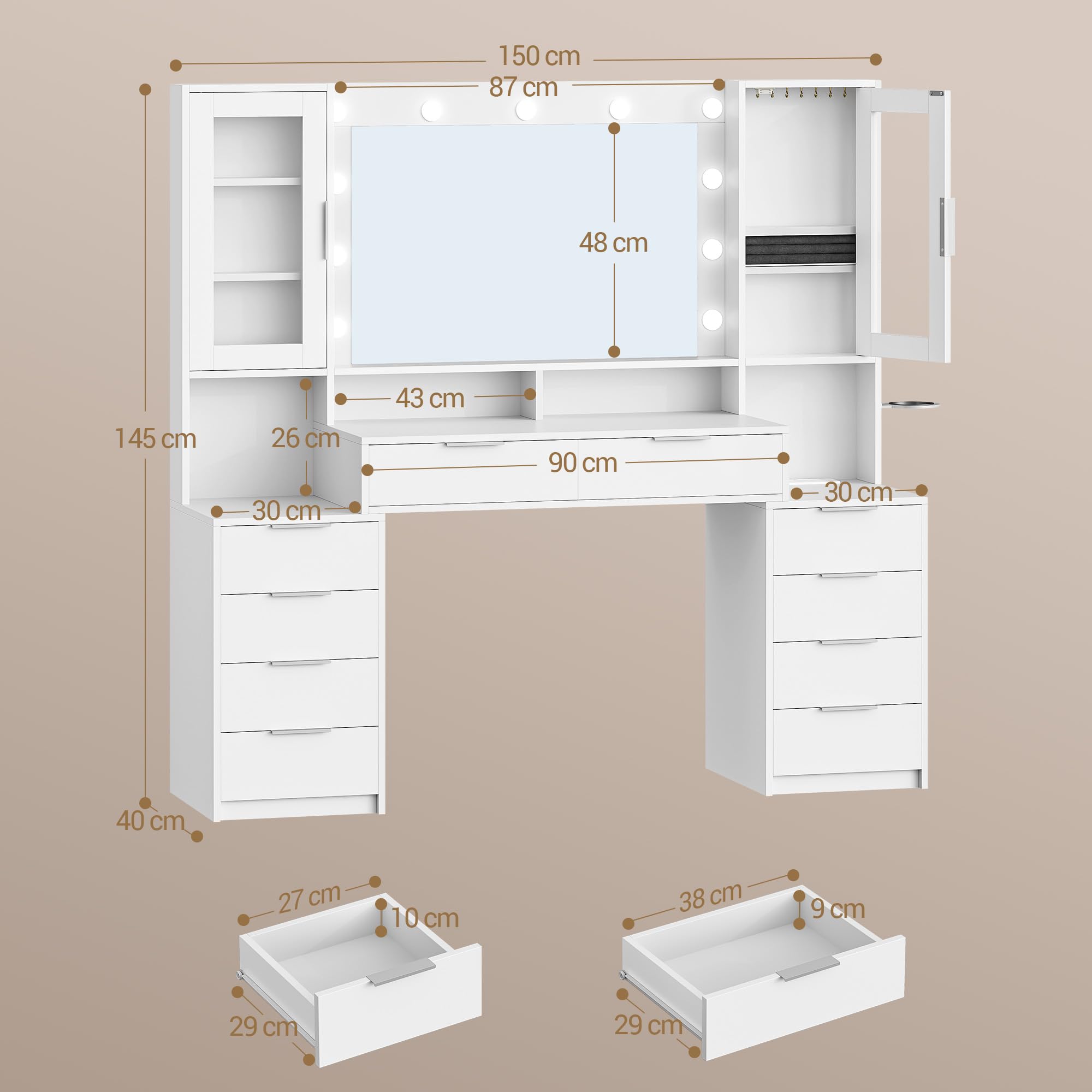 Hzuaneri 150 cm Postazione Trucco, 11 Luce LED, 3 Colori, Luminosità Regolabile, Presa di Corrente, 10 Cassettos, Deposito di gioielli, Ampia Capacità di Archiviazione, Bianco-Argento DT43703XEU