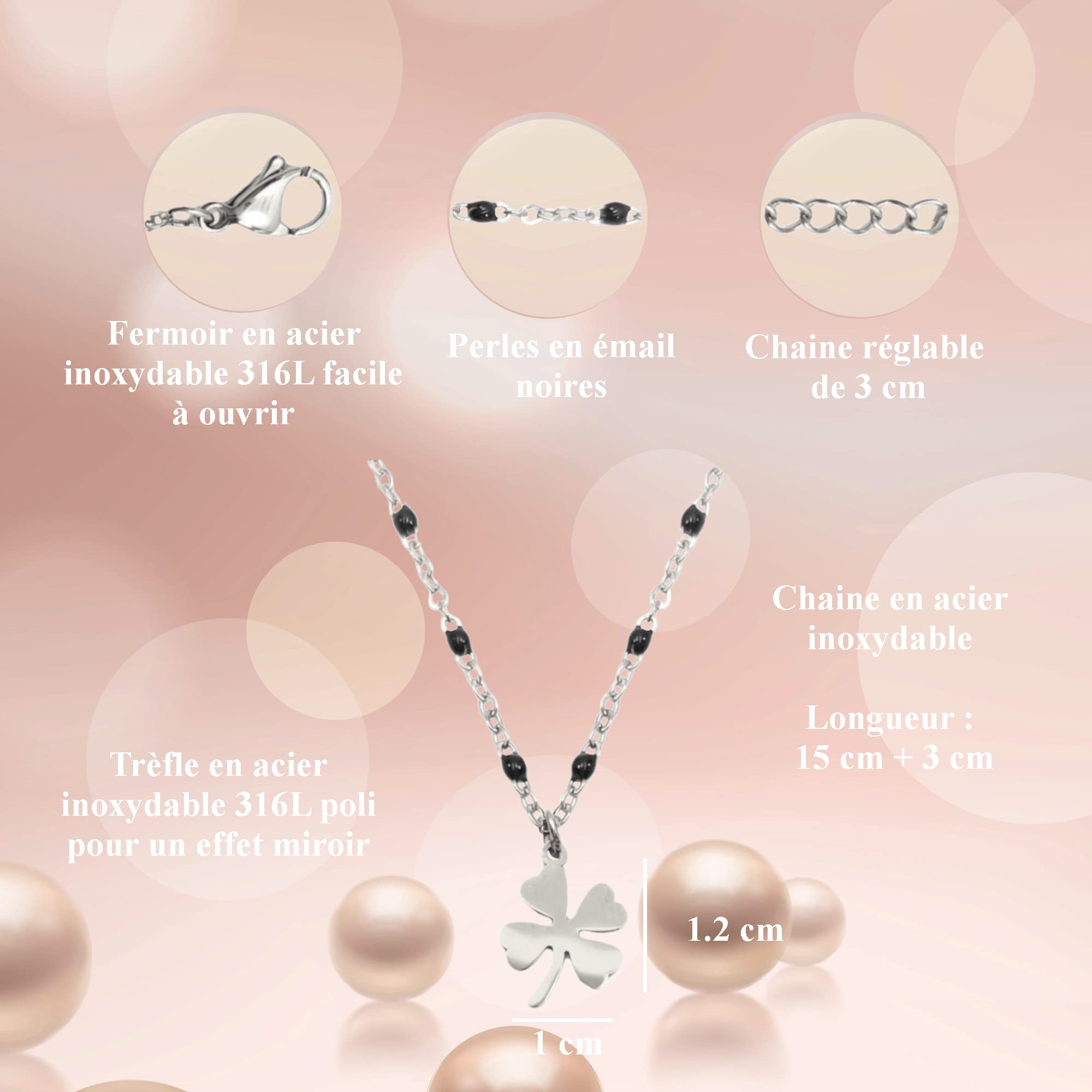 Bracelet Femme Trèfle Porte Bonheur Chaîne en Acier Inoxydable Argenté Argent Artisanal Fait Main Trèfle à 4 Feuilles Perles Idée Cadeau Anniversaire Noël Fête Mères Hypoallergénique