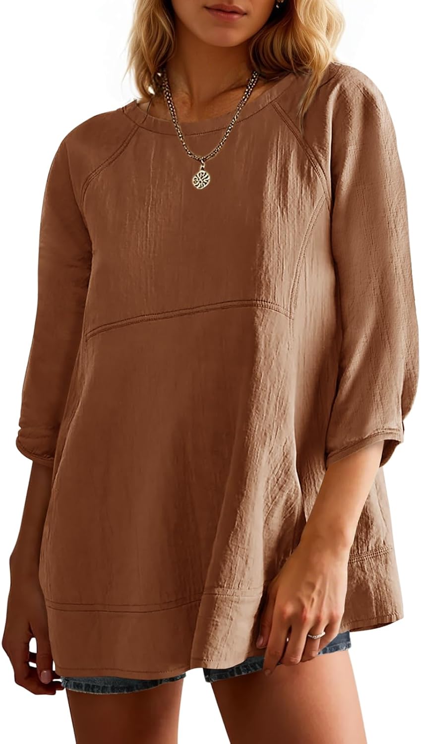 Tankaneo Womens 3/4 Sleeve Tunic Tops Casual Summer Peplum Flowy Oversized Babydoll Blouse Shirts