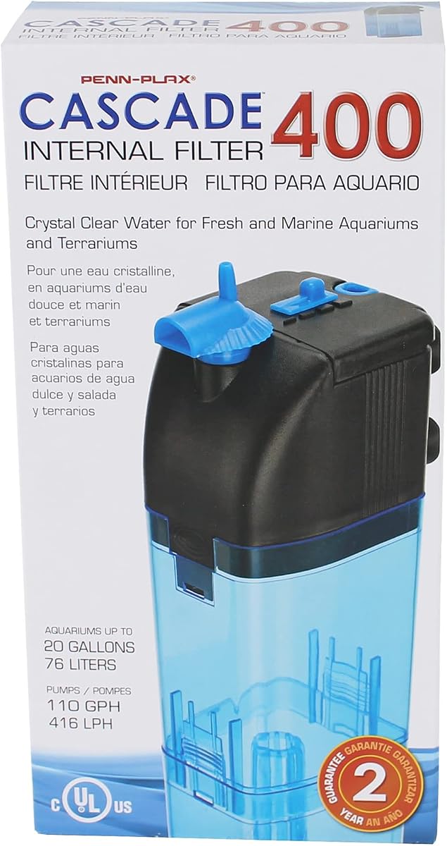 El filtro sumergible para acuario Penn Plax Cascade 400 limpia peceras de hasta 20 galones con filtración física, química y biológica, CIF2