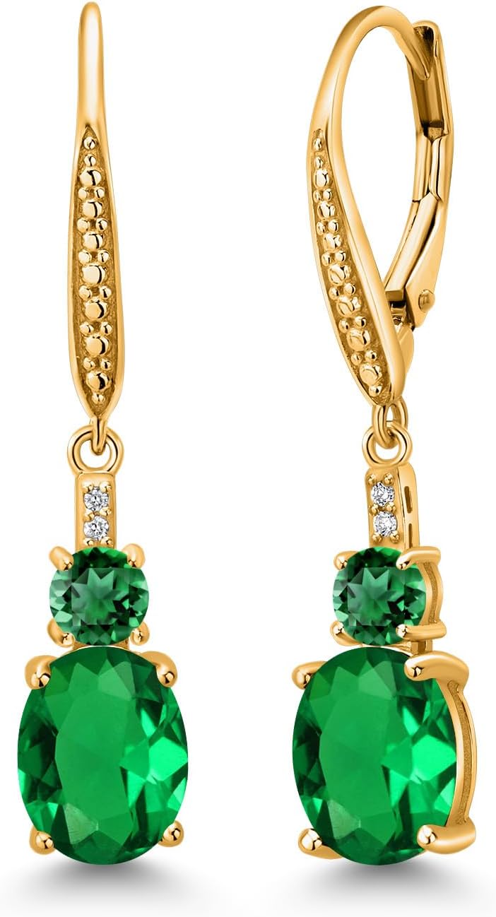 Gem Stone King 18K Yellow Gold Plated Silver Leverback Drop Dangle Earrings for Women | Gemstone Birthstone and Lab Grown Diamond | Oval 9X7MM | Round 4MM | Round 1MM Accents
