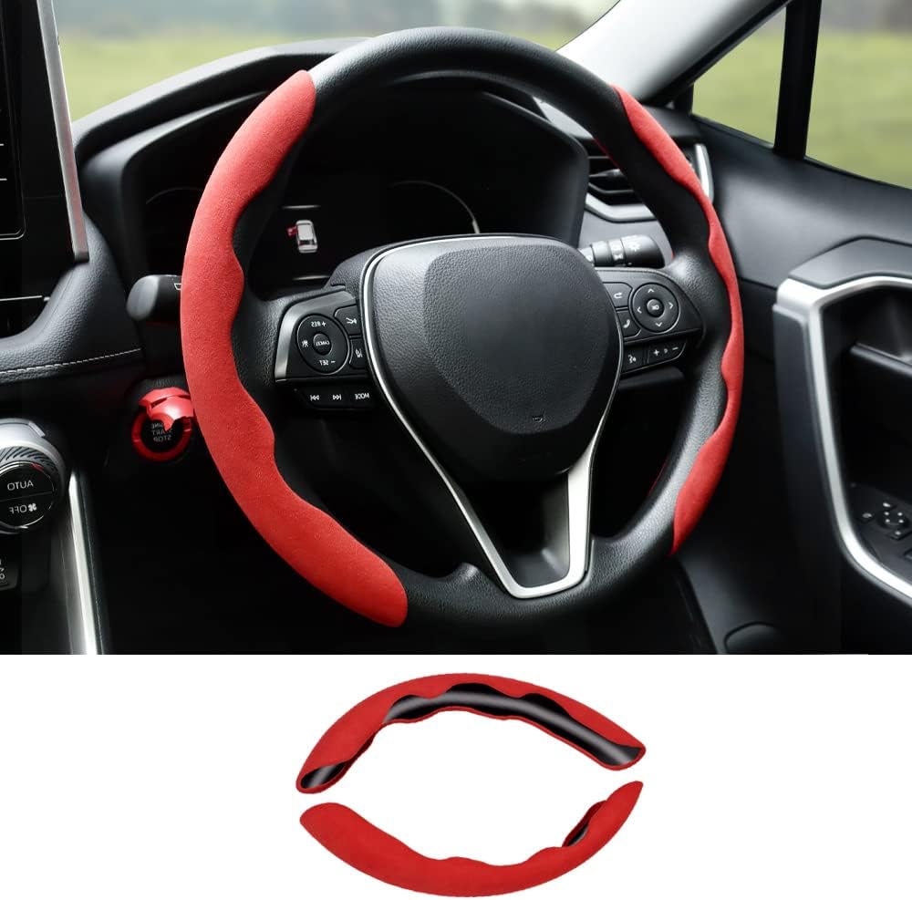 Limstyle ハンドルカバー 車用ステアリングカバー 汎用 軽自動車 普通車 スエード 本革 スリップ止め キズ防止 汚れ防止 耐久性 はめやすい ピッタリ 冬には暖かい 安全性up 円型とd型 レッド Faz Co Zm