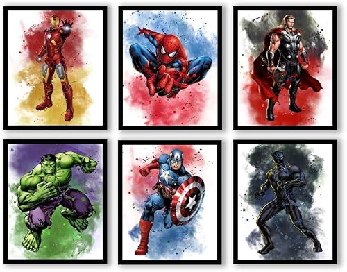 Superhero Watercolor Posters Superheroes Room Decor for Boys Superhero Wall Art Set of 6 Unframed (8''x10'') Posters for Boys Room Nursery Kids Room Wall Decor