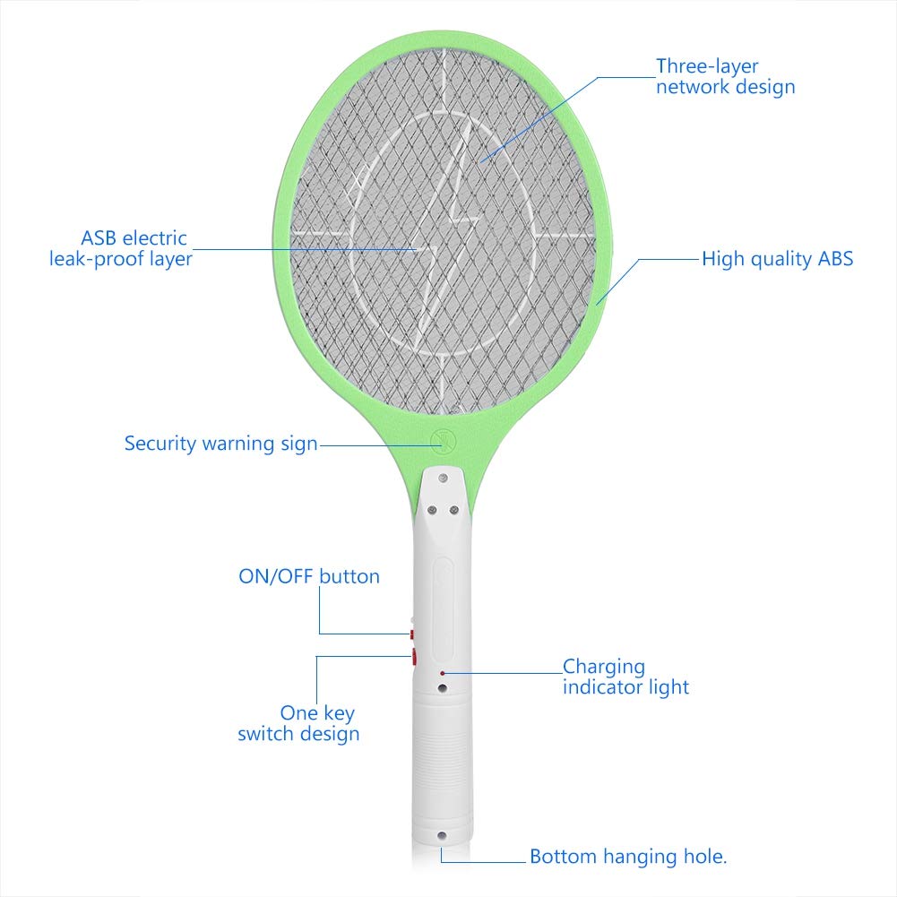 Tueur de Raquette d'insecte d'insectes d'insecte de tapette Rechargeable de tapette de Moustique électrique de Moustique pour la Maison/Bureau(Green)