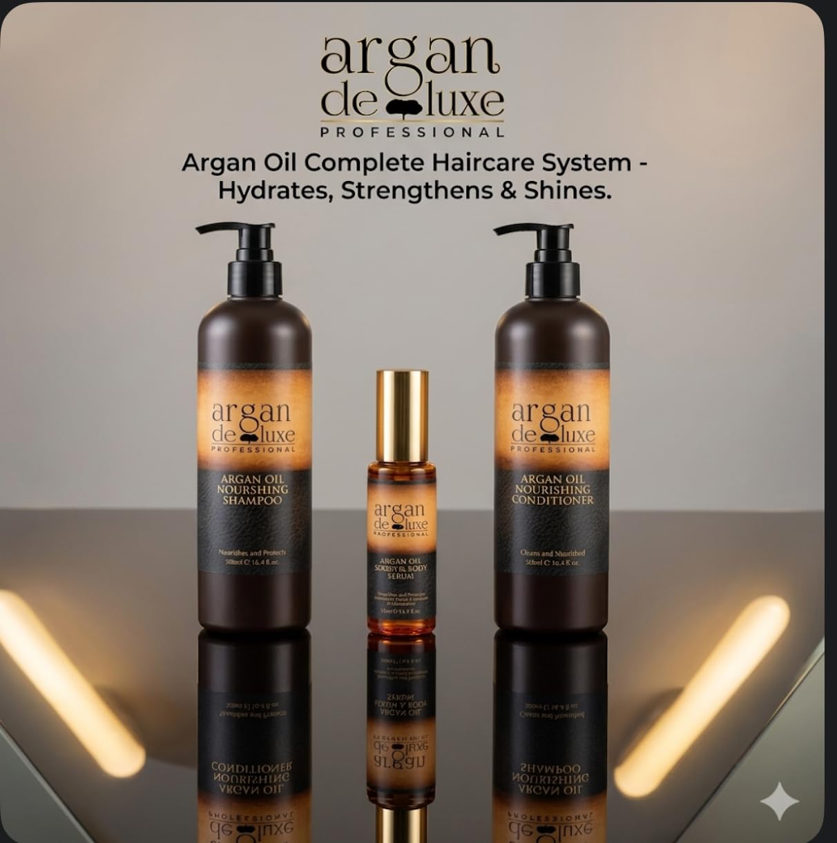 Argan Oil Nourishing Hair Care Set for All Hair Types, Shampoo 500ml, Conditioner 500ml, Serum and Body Oil 50ml, 3 Piece Set (1050ml)
