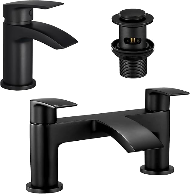 Mighbow Bath and Basin Mixer Taps Set with Pop up Waste Matte Black Waterfall Bathroom Sink Tap & Bathtub Filler Tap Cloakroom Mono Brass
