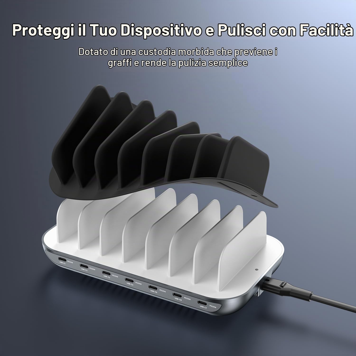 SooPii Stazione di ricarica USB C a 7 porte Premium da 140W per più dispositivi, ciascuna con ricarica rapida PD da 20W per telefono e tablet, 7 cavi misti inclusi, nero