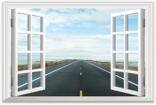 Framed Canvas Painting With Window View Road And Sky Ready To Hang Canvas Wall Art Poster Print Antique Chic Wall Hanging Painting Artwork Home Decor For Living Room Bedroom Beach House